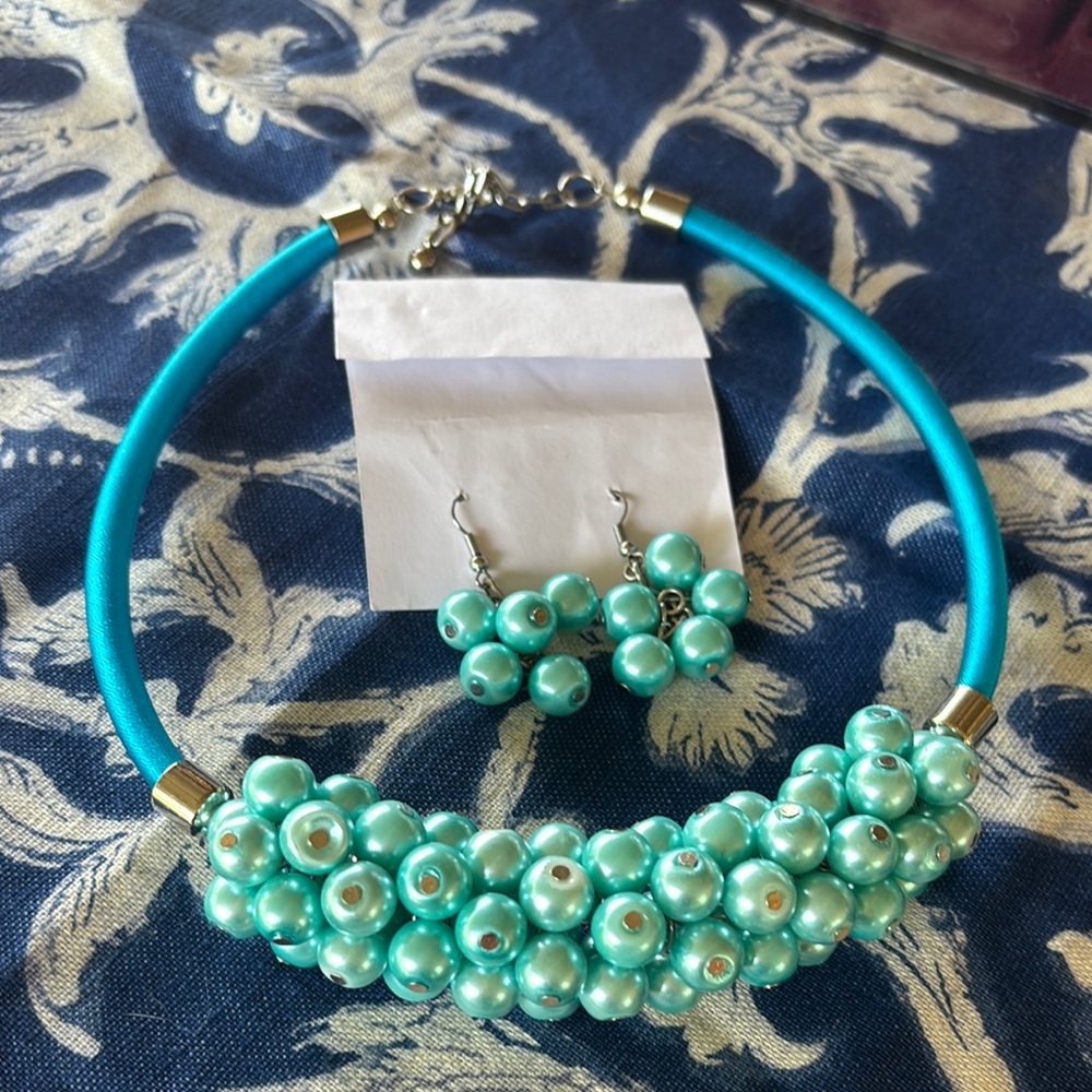 Blue and Silver Necklace with Pearl Beads and Bird Charms